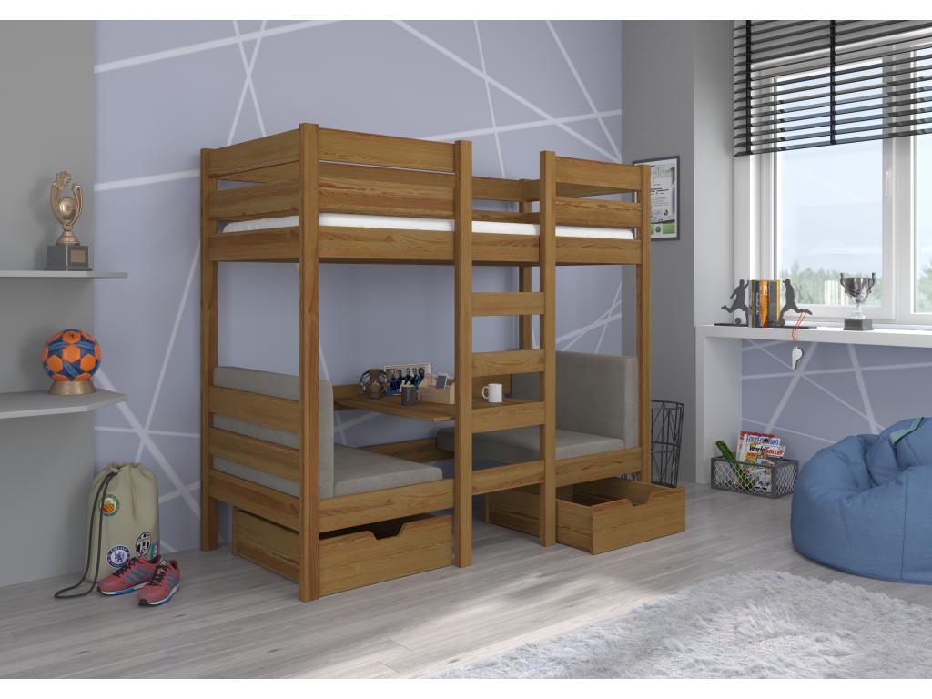 Vertchez 90x200cm light wood loft and bunk bed with two sleeping spaces and two storage drawers
