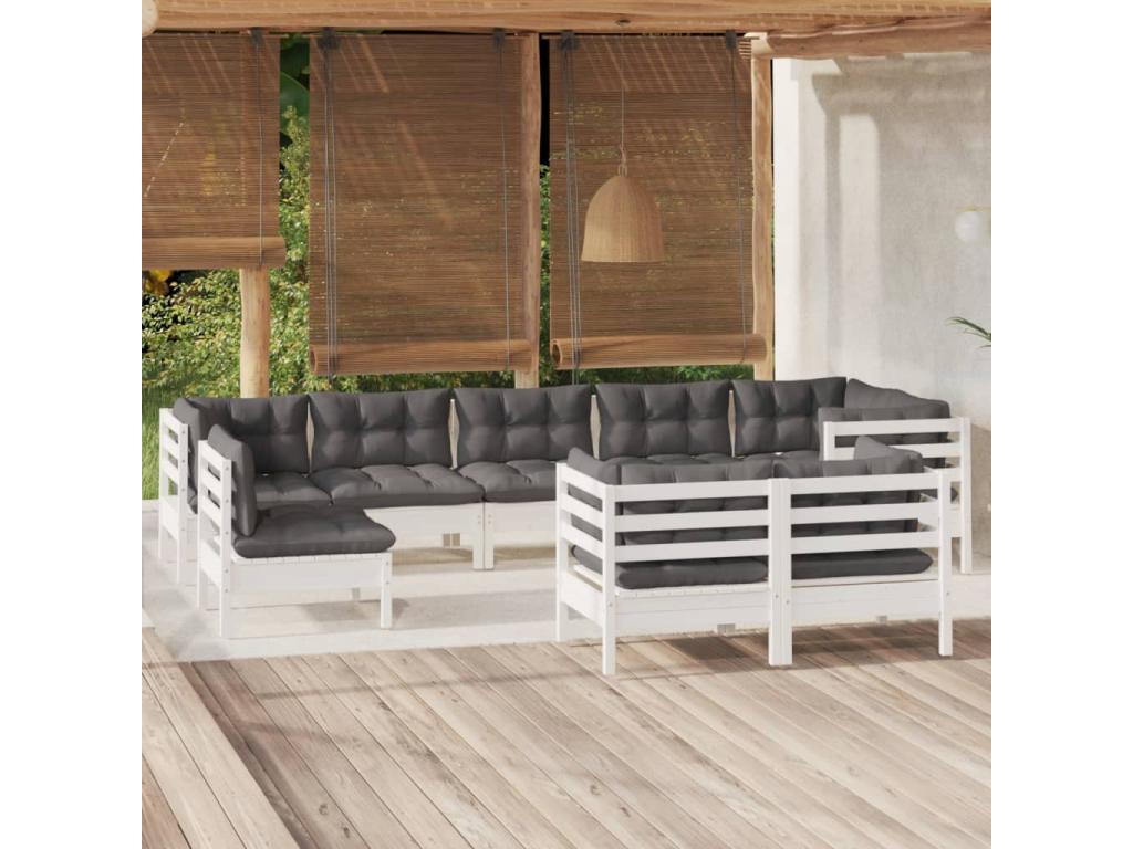 9-piece garden furniture set with cushions, white, solid pine wood