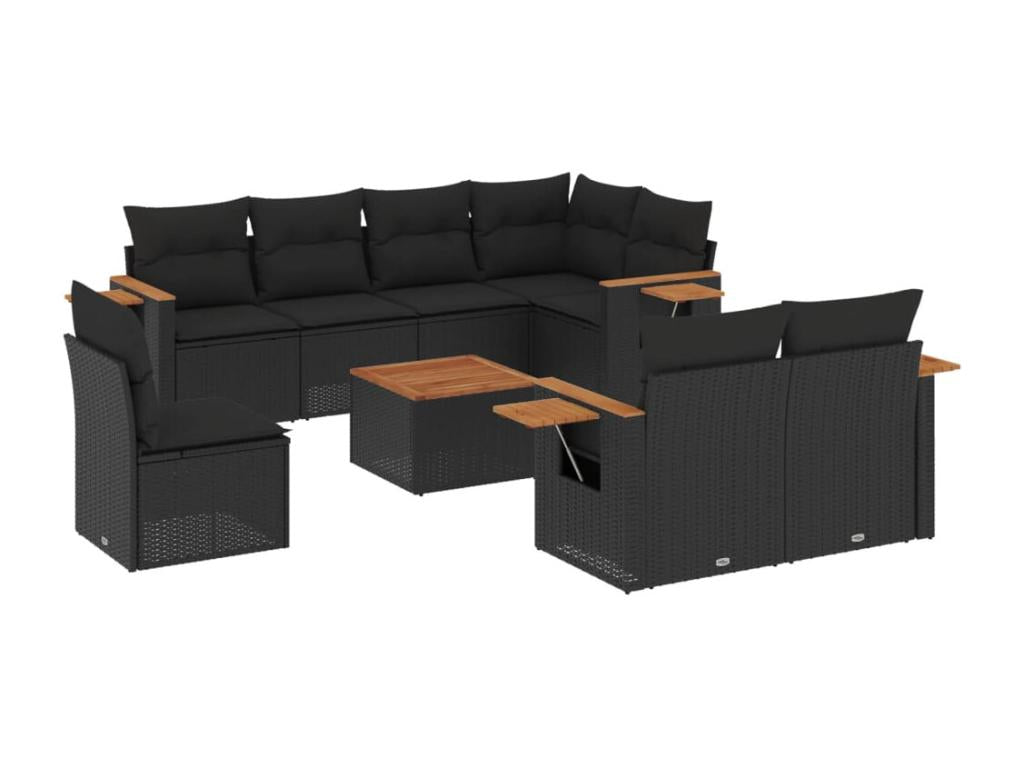 9-piece garden furniture set with cushions, black woven resin
