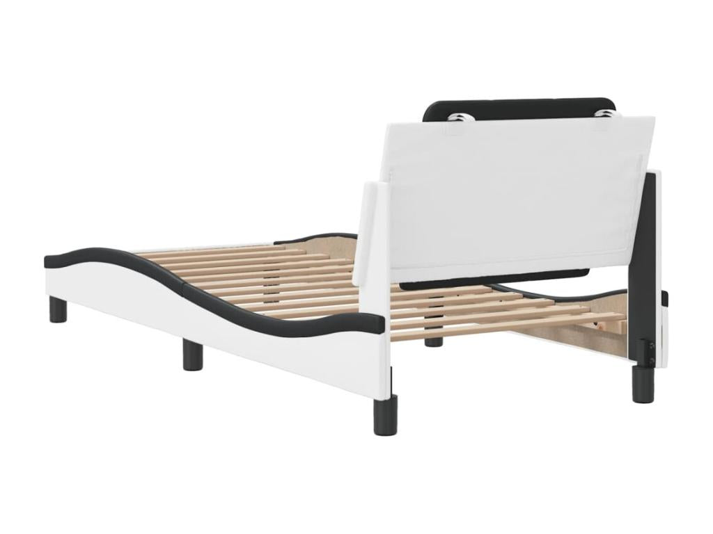 Black and white bed frame and headboard, 100x200 cm, faux leather