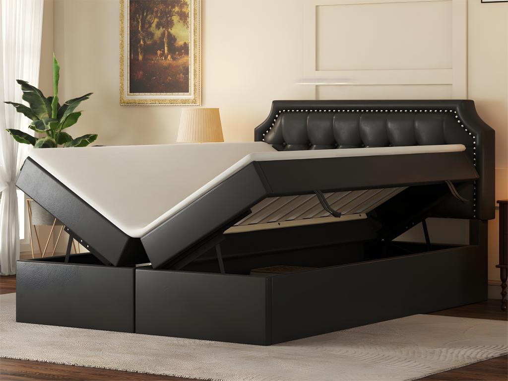 Storage bed 140x200cm upholstered in faux leather - open on both sides - Black