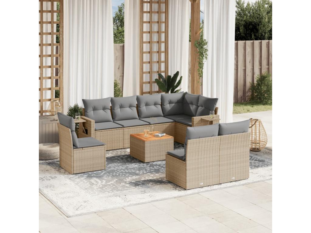 9-piece garden furniture set with cushions, beige woven resin, by MéVertchez