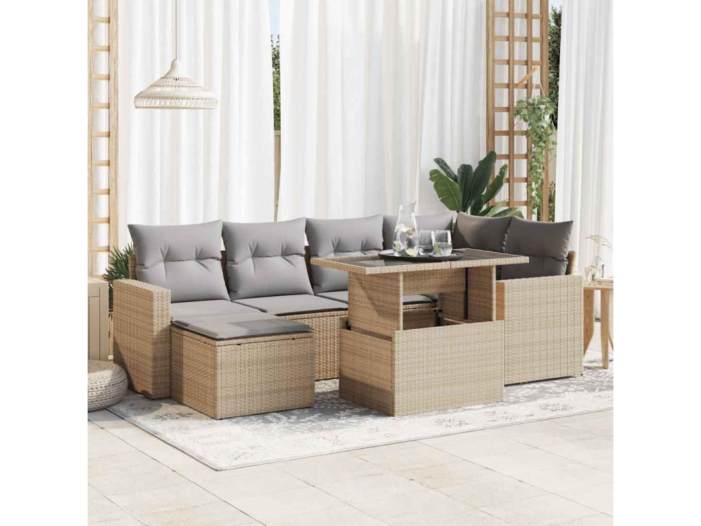 7-piece garden furniture set with cushions, beige woven resin