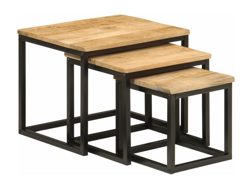 Nesting coffee tables, 3 pieces, solid mango wood and iron
