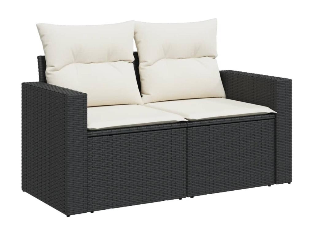 Garden sofa with cushions, 2-seater, black woven resin