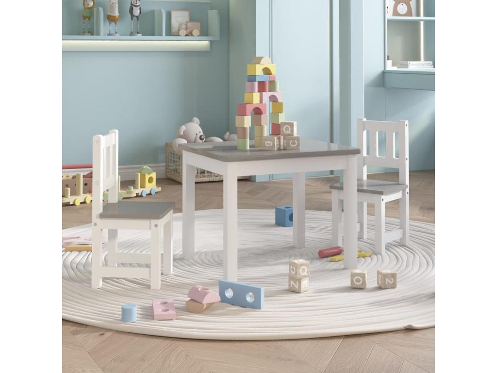 Children's 3-piece table and chair set, white and grey MDF
