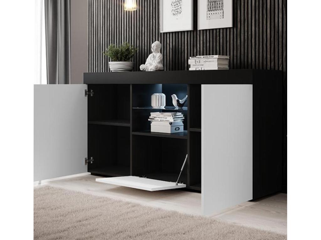 Natolia Low Sideboard for Living Room/Dining Room in Black and White with LED Lighting, 150x40x80cm