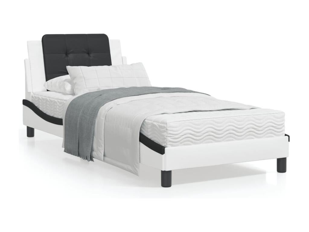 Black and white bed frame and headboard, 100x200 cm, faux leather