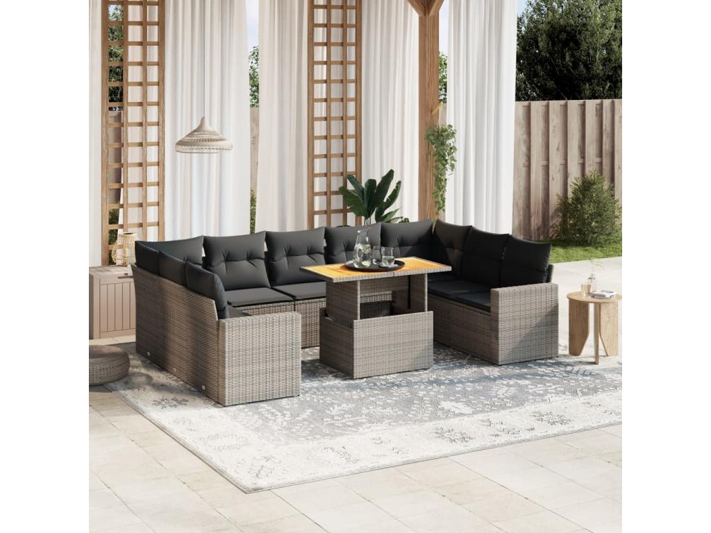 Garden furniture set with 10 cushions, grey woven resin