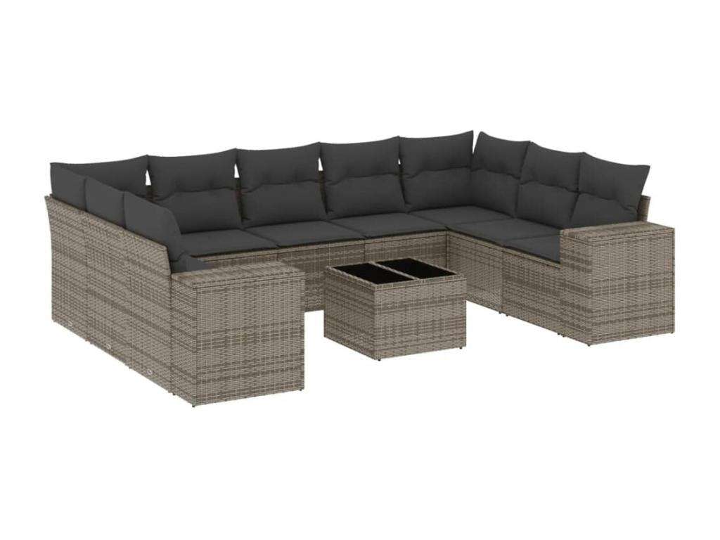 Garden furniture set with 10 cushions, grey woven resin