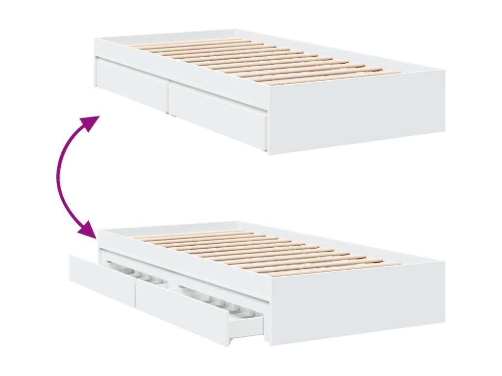 Bed frame with drawers, white, 75x190 cm, engineered wood