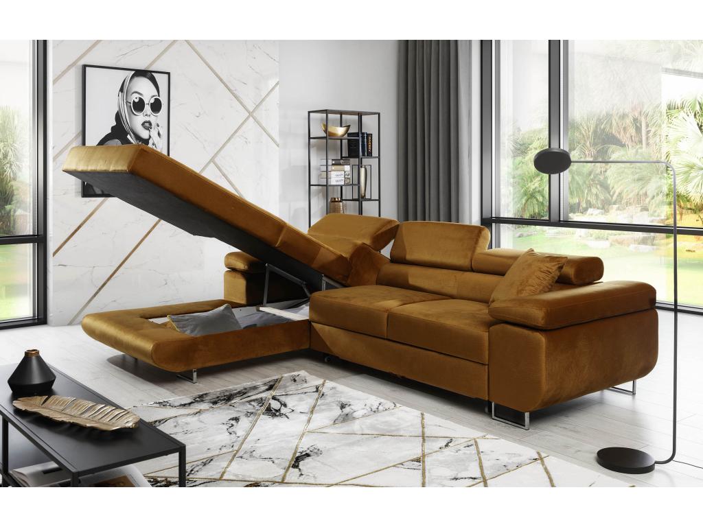 Vertchez 280cm Left-Hand Corner Sofa Bed in Mineral Blue Fabric and White Faux Leather with Storage