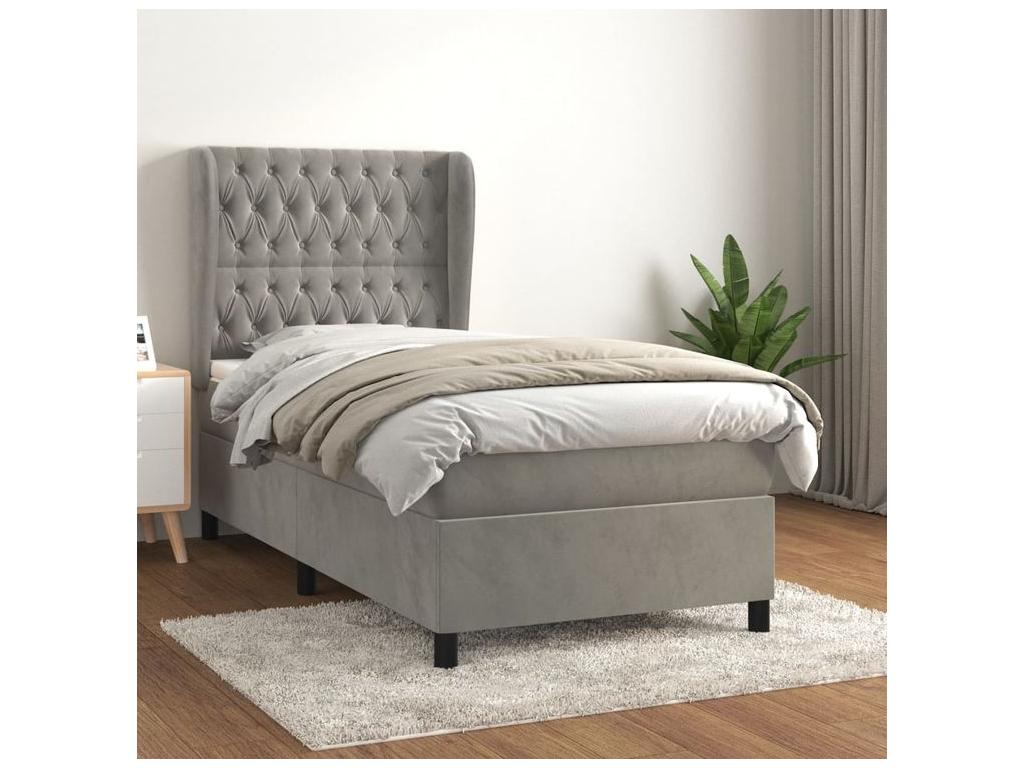 Bed base and mattress in Vertchez, light grey, 100x200 cm, velvet