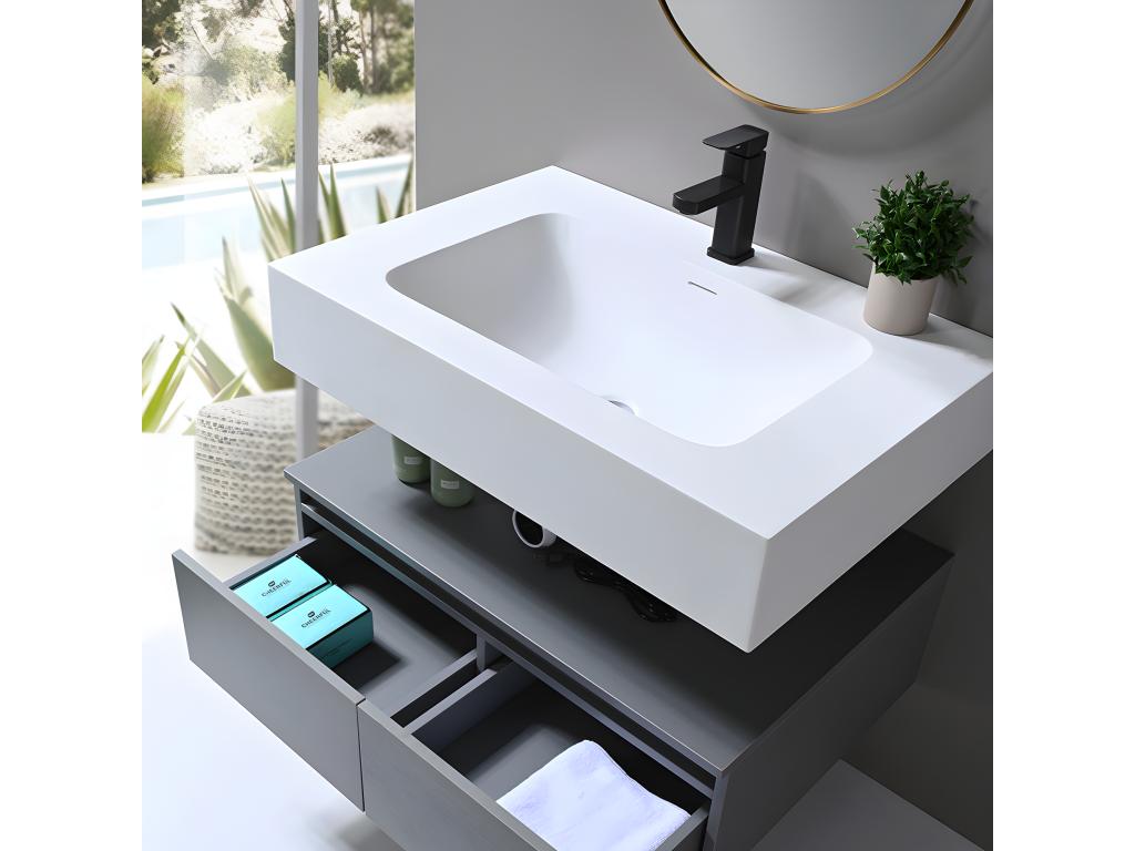 Vertchez - 80cm single sink bathroom vanity unit in white Corian with LED mirror