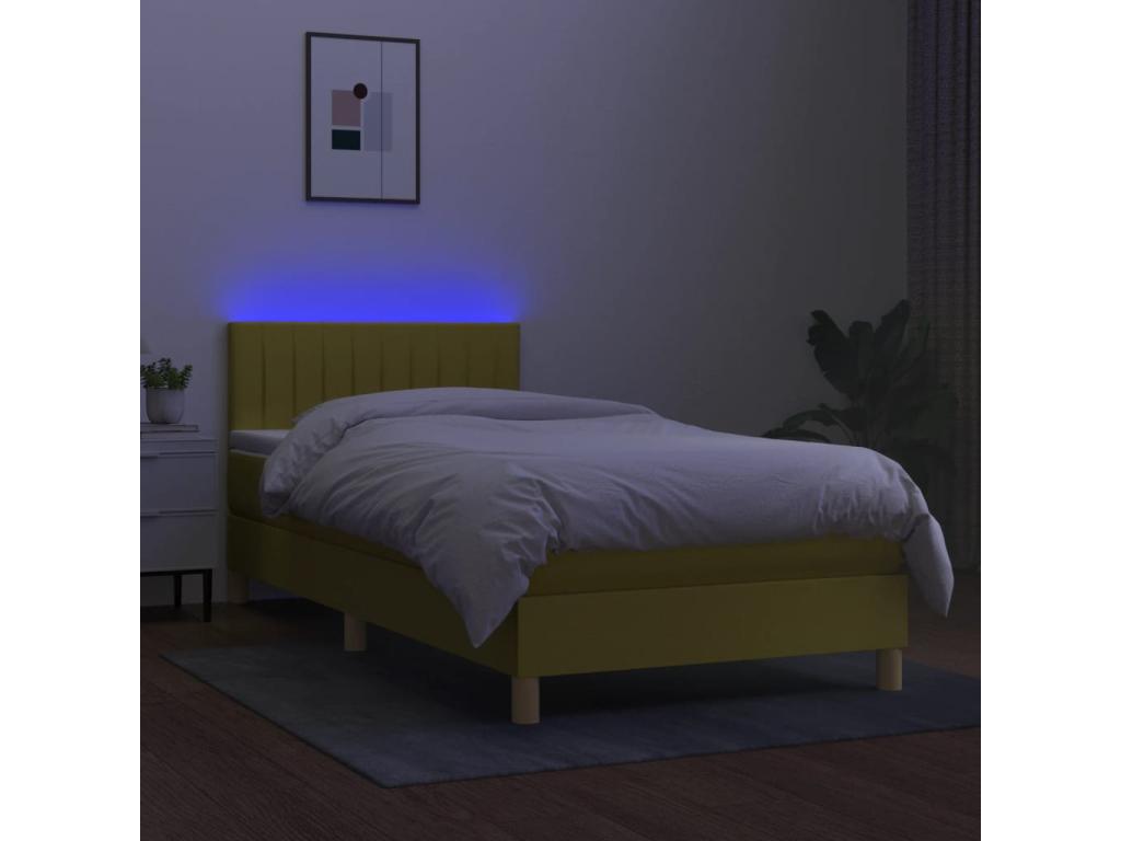 Upholstered bed base with mattress and LED light, green, 100x200 cm, fabric