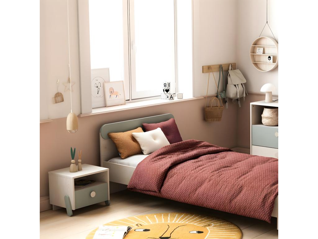 Scandinavian Bedside Table with 1 Drawer and 1 Niche, 39 cm Wide, Wood and Green - Vertchez