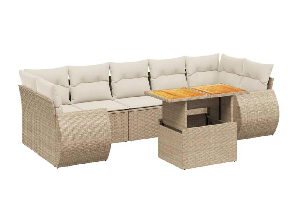 8-piece garden furniture set with cushions, beige woven resin