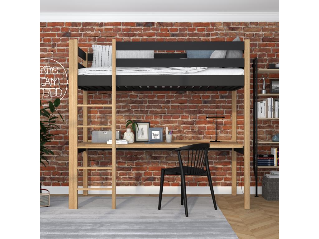 Wooden loft bed - with desk N05 Black / Natural Oak 100x180