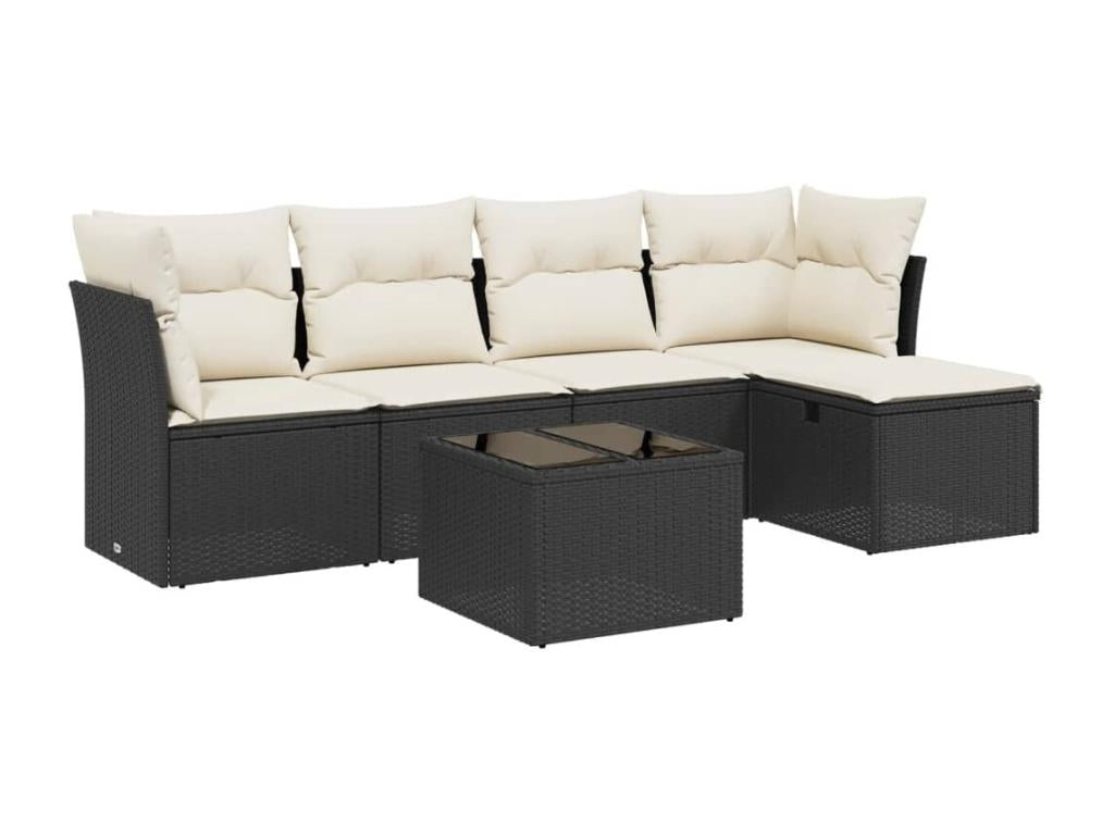 6-piece garden furniture set with cushions, black woven resin