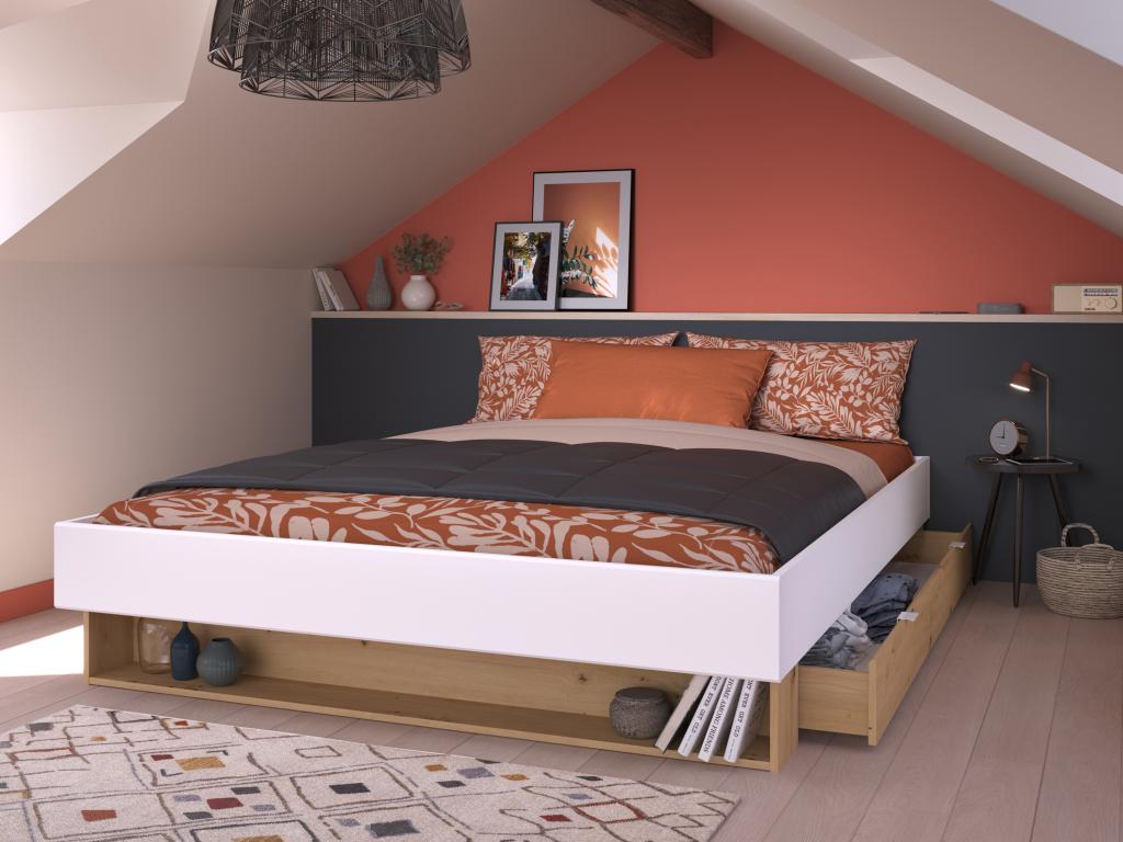 Bed with drawer and niche 160x200 cm - White and natural color - Slatted base and mattress - Meublita