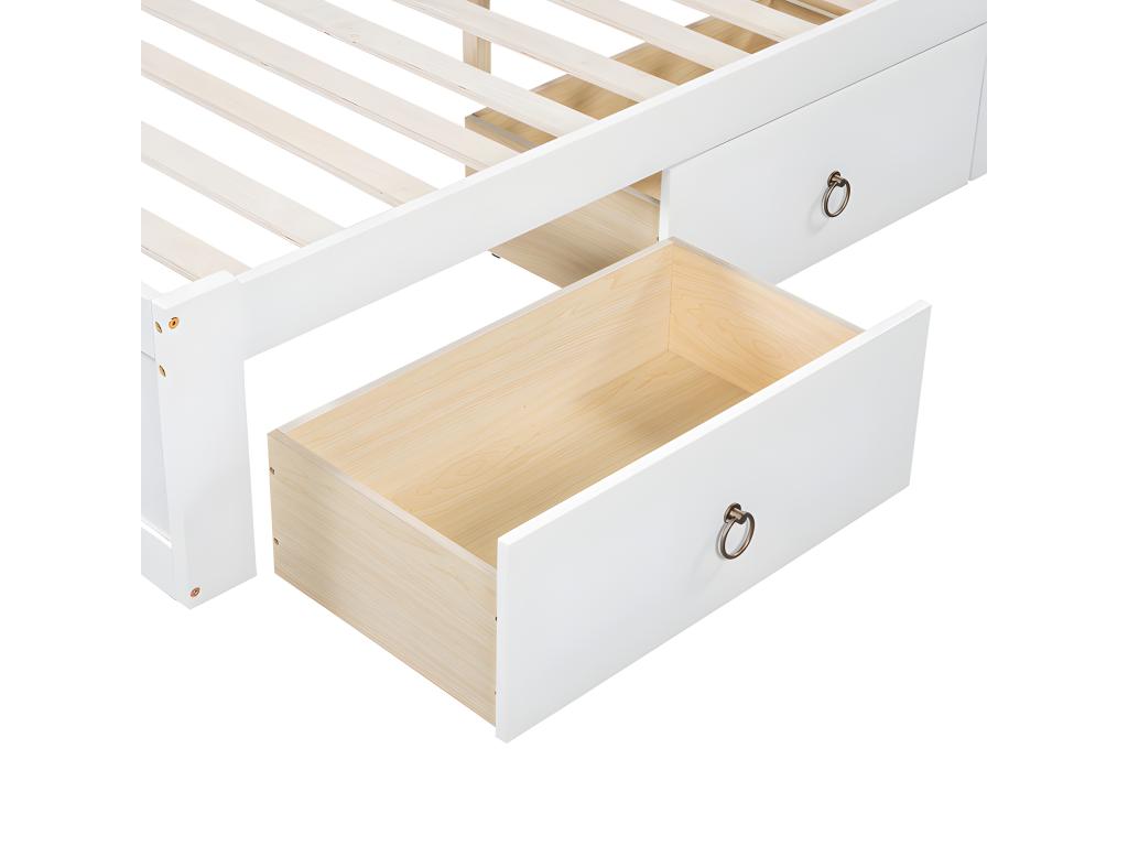 Double bed 140x200cm - made of pine wood and MDF - storage headboard with open shelves and 3 drawers - White