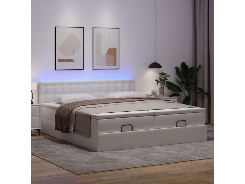 Ottoman bed frame with white 180x200 cm faux leather mattress
