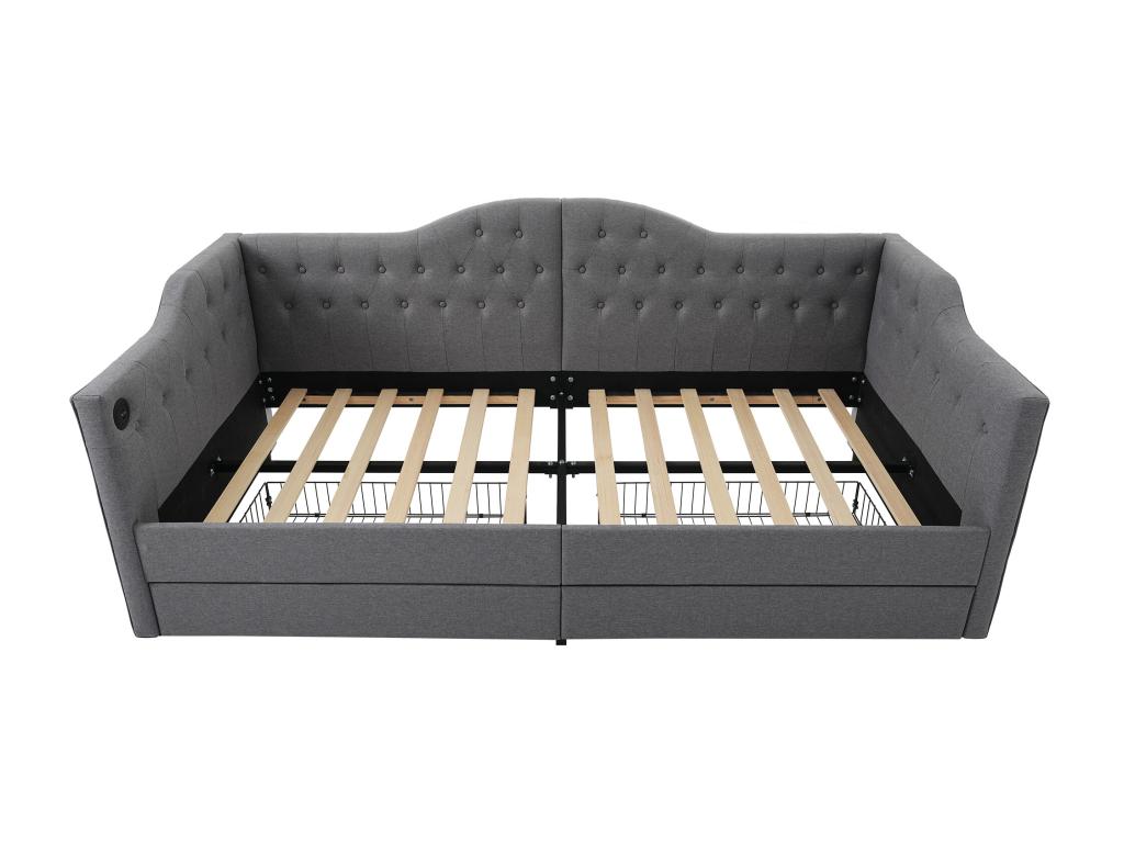 Upholstered sofa bed with storage frame, USB Type-C charging port, and 2 drawers, 90x190 cm, grey linen, mattress not included