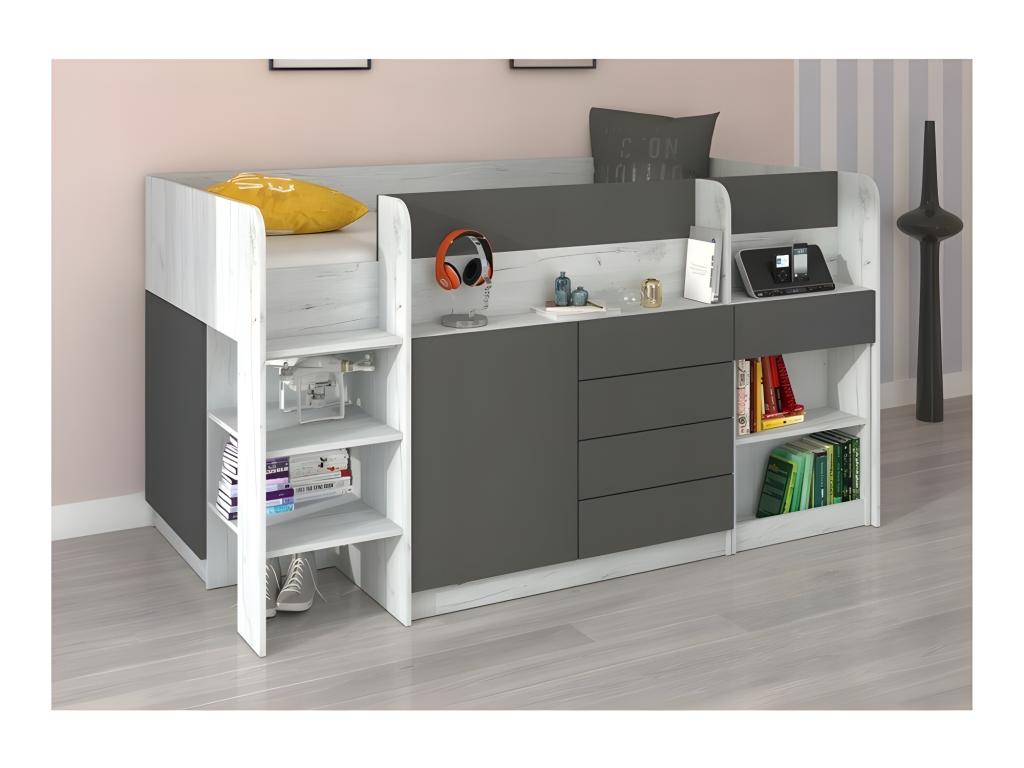 90x200cm Mezzanine Bed with Ladder, Wardrobe, Removable Desk, Bookshelf and Shelves, SMIDA L White Green/Graphite