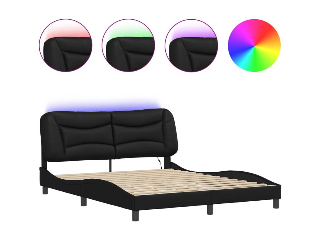 Bed frame with LED lights, black, 160x200 cm, faux leather