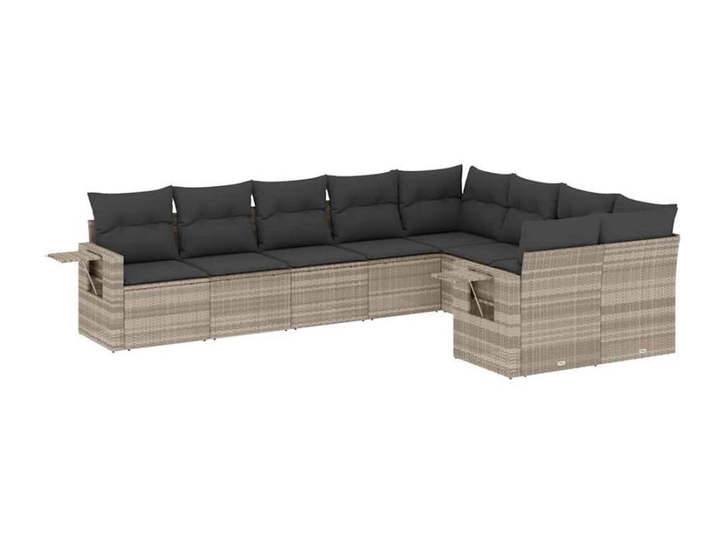 9-piece garden furniture set with light grey cushions, woven resin