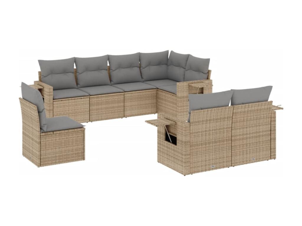 8-piece garden furniture set with cushions, beige woven resin