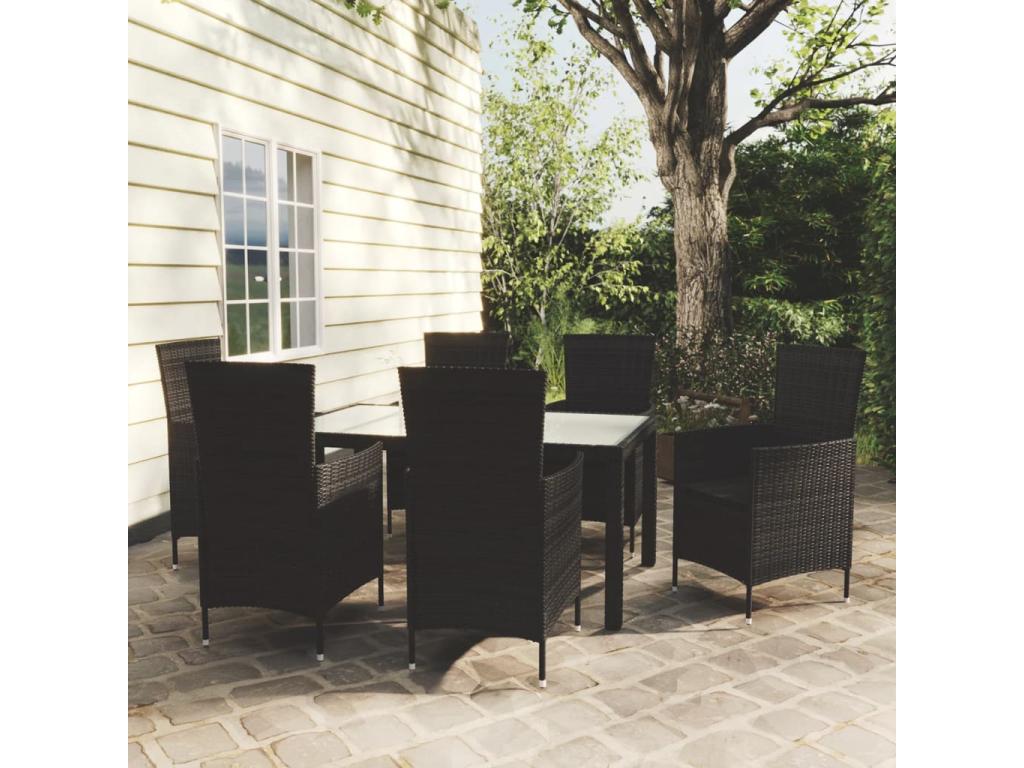 7-piece outdoor lounge set with cushions, black woven resin