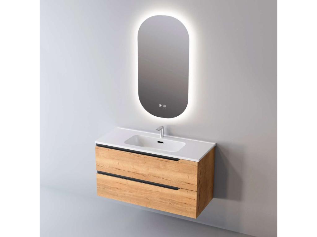 Bathroom vanity unit with washbasin, solid surface finish, 2 drawers, W60 x H54 x D45 cm, light oak, green finish.