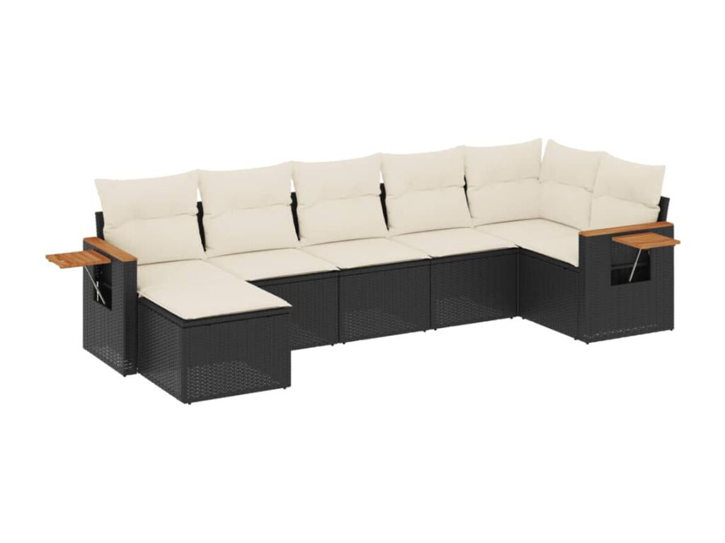 7-piece garden furniture set with cushions, black woven resin
