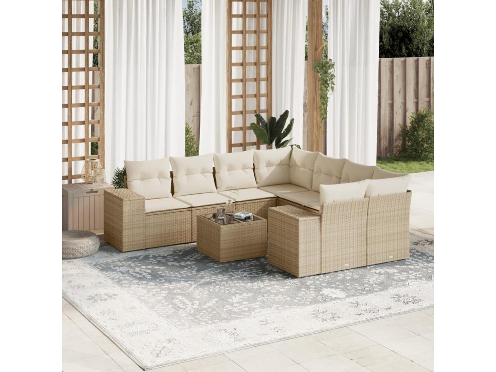 9-piece garden furniture set with cushions, beige woven resin