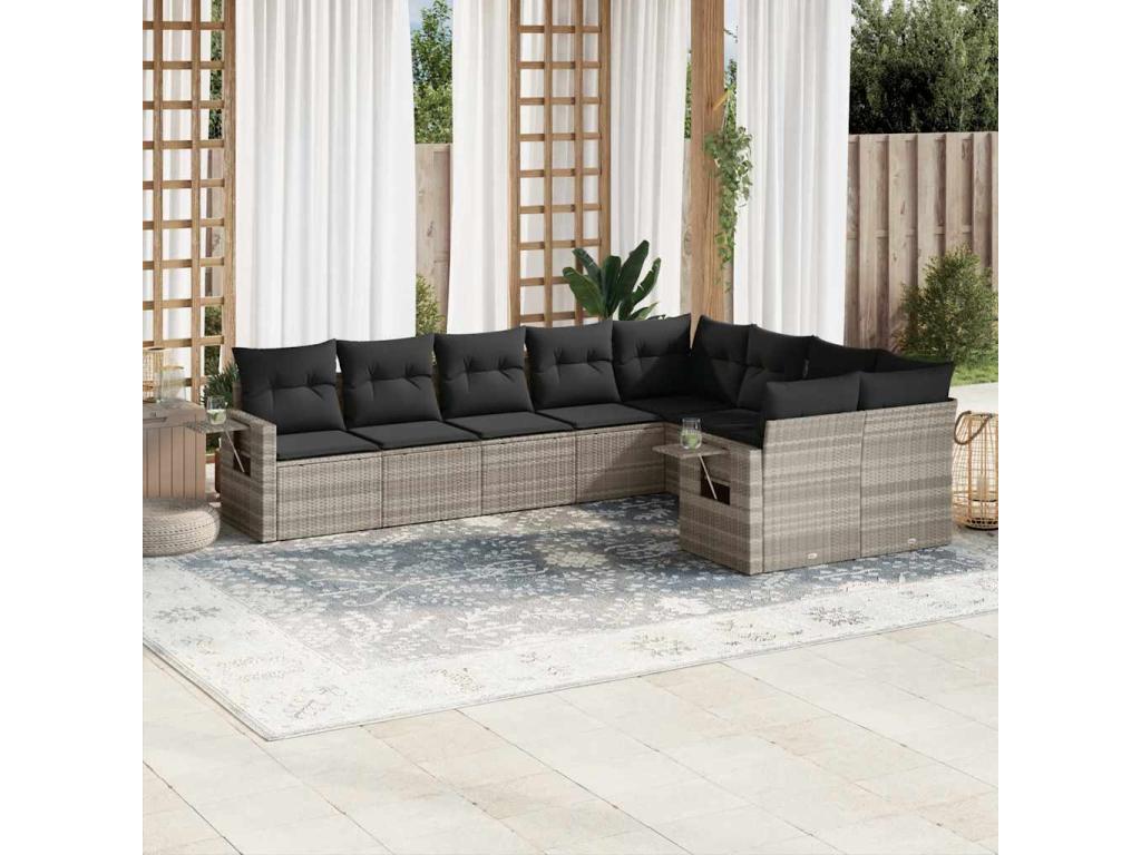 9-piece garden furniture set with light grey cushions, woven resin