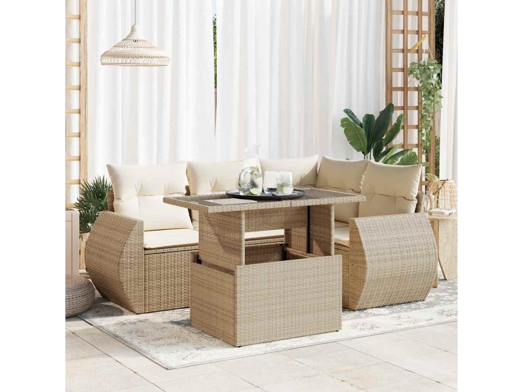 5-piece garden furniture set with cushions, beige woven resin
