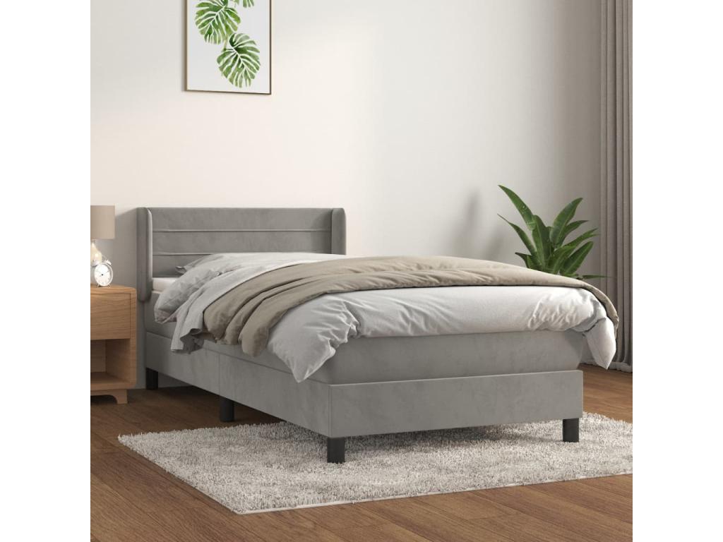 Upholstered bed base and mattress, light grey, 90x190 cm, velvet