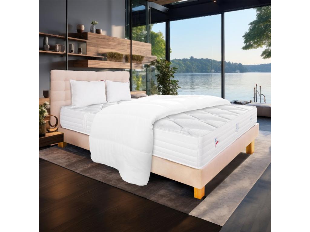 Patriote 27cm Firm Foam Mattress Set (Summer/Winter Sides), Beige Slatted Base (20cm Thick), Pillow, Duvet, Headboard (140x190cm)