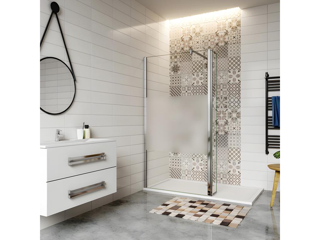 Walk-in shower enclosure with frosted glass center panel, 100 x 30 x 200 cm, with pivoting return and 90 cm square support bar