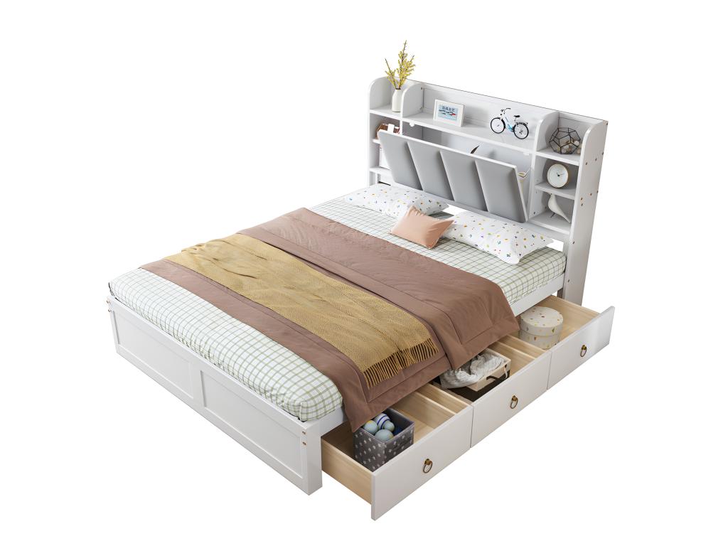 Double bed 140x200cm - made of pine wood and MDF - storage headboard with open shelves and 3 drawers - White