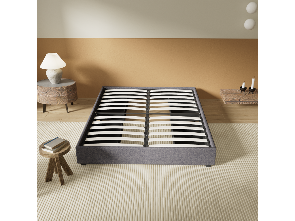 120x190 cm bed with drawers, slatted base, and grey fabric frame, available in Vertchez.