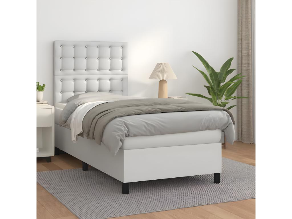 Upholstered bed base with mattress, white, 100x200cm, faux leather
