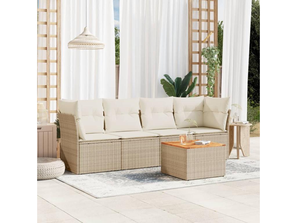 5-piece garden furniture set with cushions, beige woven resin