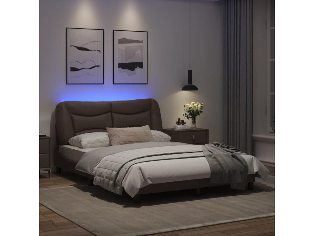 Bed frame with brown LED lights, 120x200 cm, faux leather