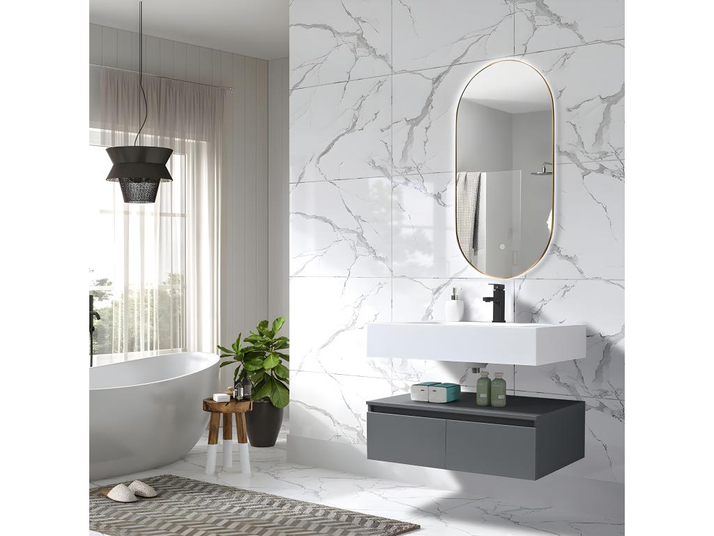 Vertchez - 80cm single sink bathroom vanity unit in white Corian with LED mirror