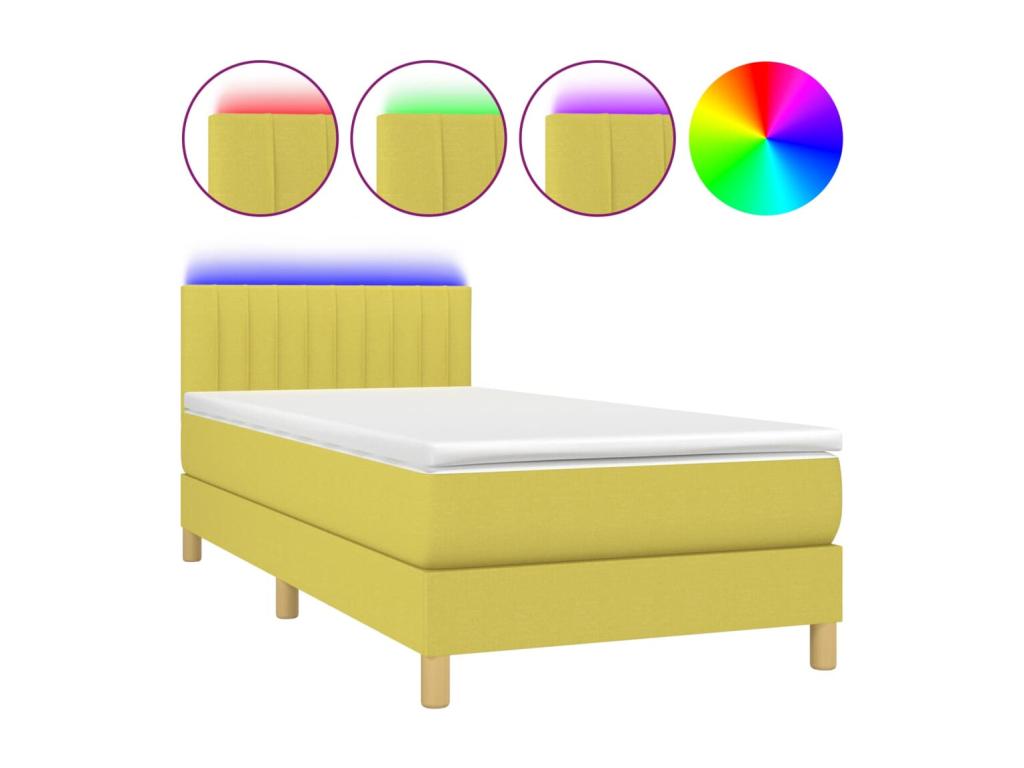 Upholstered bed base with mattress and LED light, green, 100x200 cm, fabric