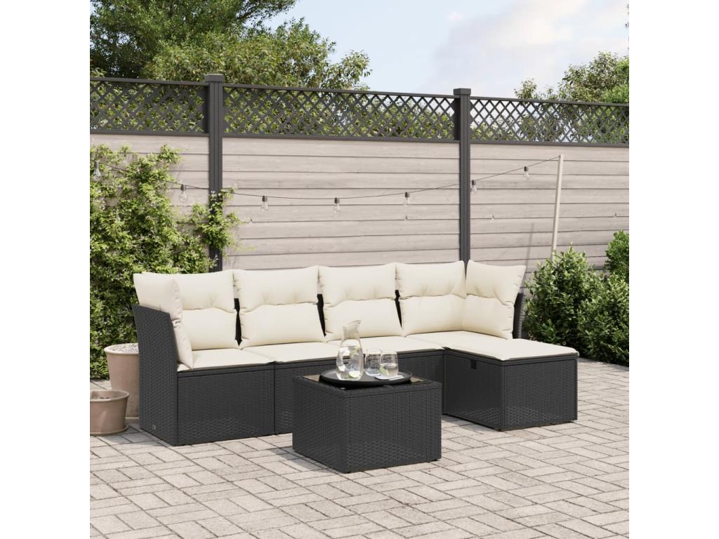 6-piece garden furniture set with cushions, black woven resin