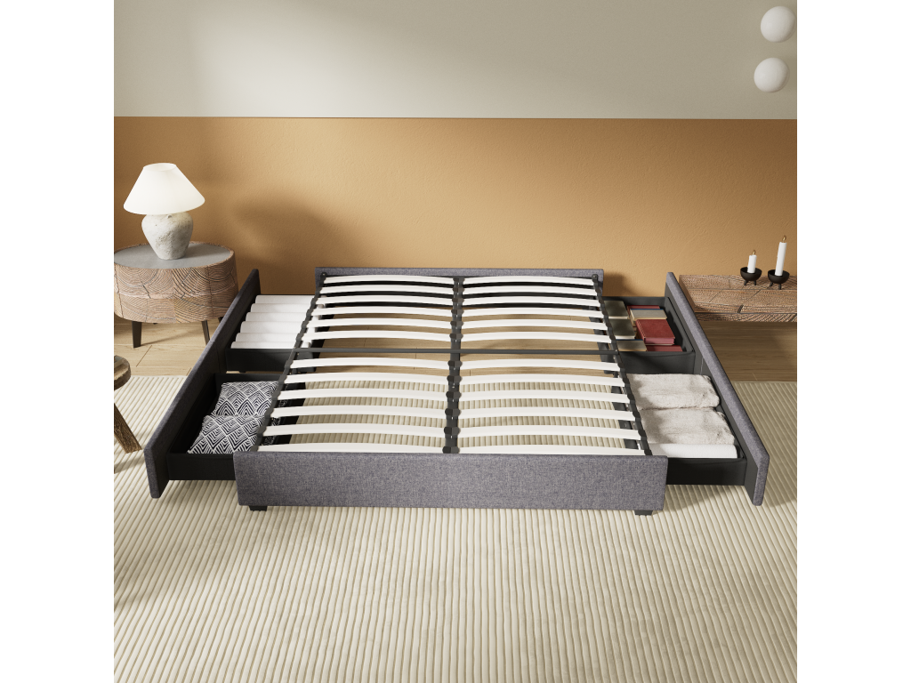120x190 cm bed with drawers, slatted base, and grey fabric frame, available in Vertchez.