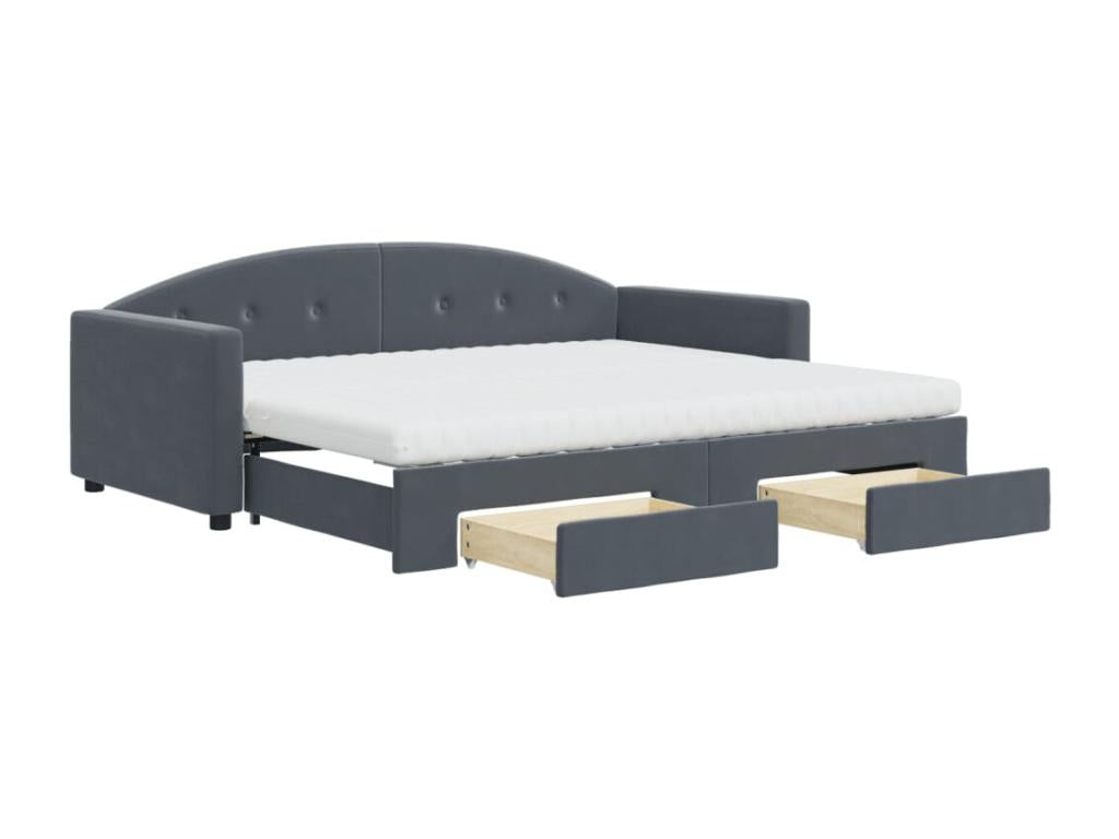 Daybed with trundle and drawers, dark grey, 90x200cm, velvet